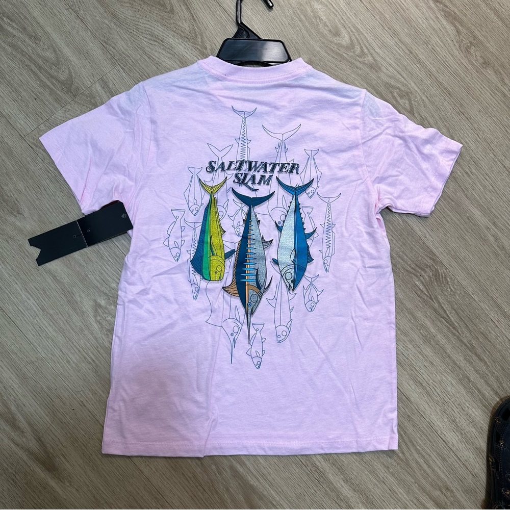 Saltwater Slam Graphic Tee - Light Pink with Multicolor Fish kids/youth M